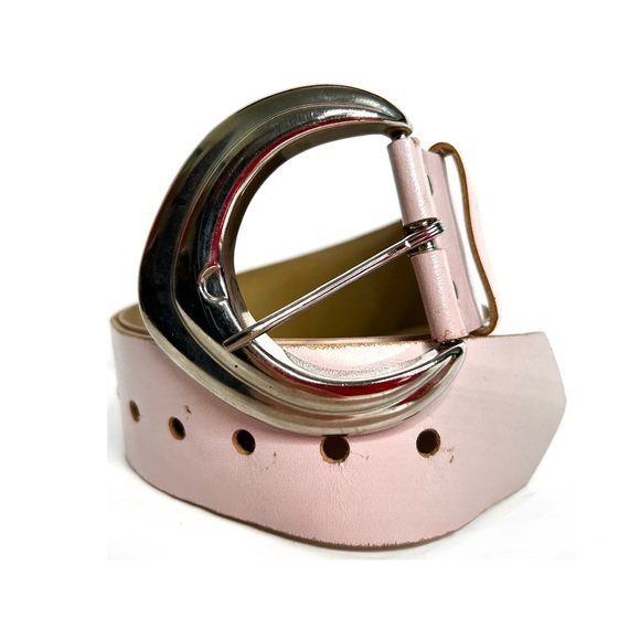 Vintage 90s Le Chateau Baby Pink Vegan Leather Belt Big Silver Buckle Wide S/M - Picture 2 of 15